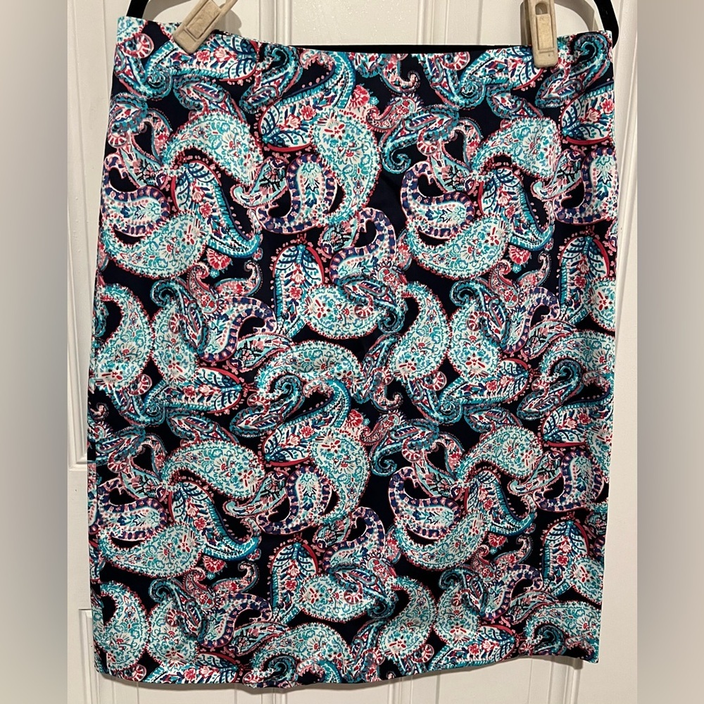 Talbots Knee Length Blue & Pink  Paisley Pencil Skirt Back Zip Stretch Size 14W